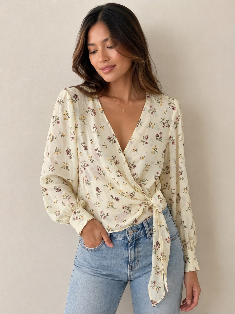 Zara Cream Floral Wrap Blouse with Side Tie